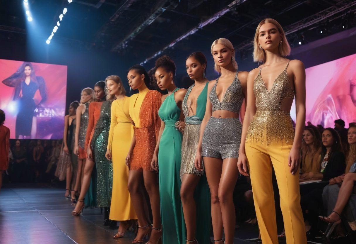 A captivating scene featuring a diverse group of models confidently posing on a vibrant runway, surrounded by fashion-forward onlookers and sparkling lights. In the background, a large screen displays trending fashion styles and tips for aspiring models. The atmosphere is lively, with a mix of elegance and energy, showcasing the journey of modeling triumphs. super-realistic. vibrant colors. dynamic composition.